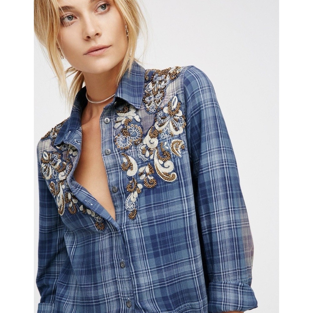 Free People Sz XS Stevie's Embellished‎ Plaid Button-Down Shirt Top Blue